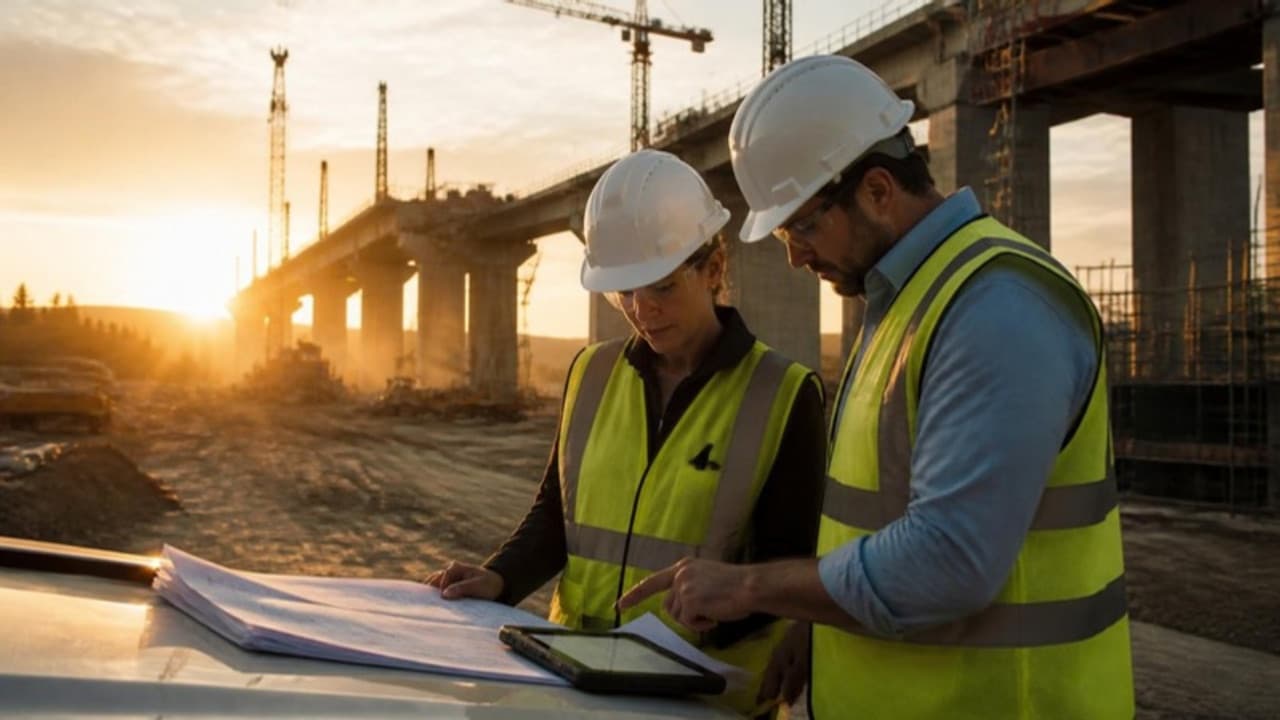 Civil engineers reviewing a project report at a bridge construction site at golden hour