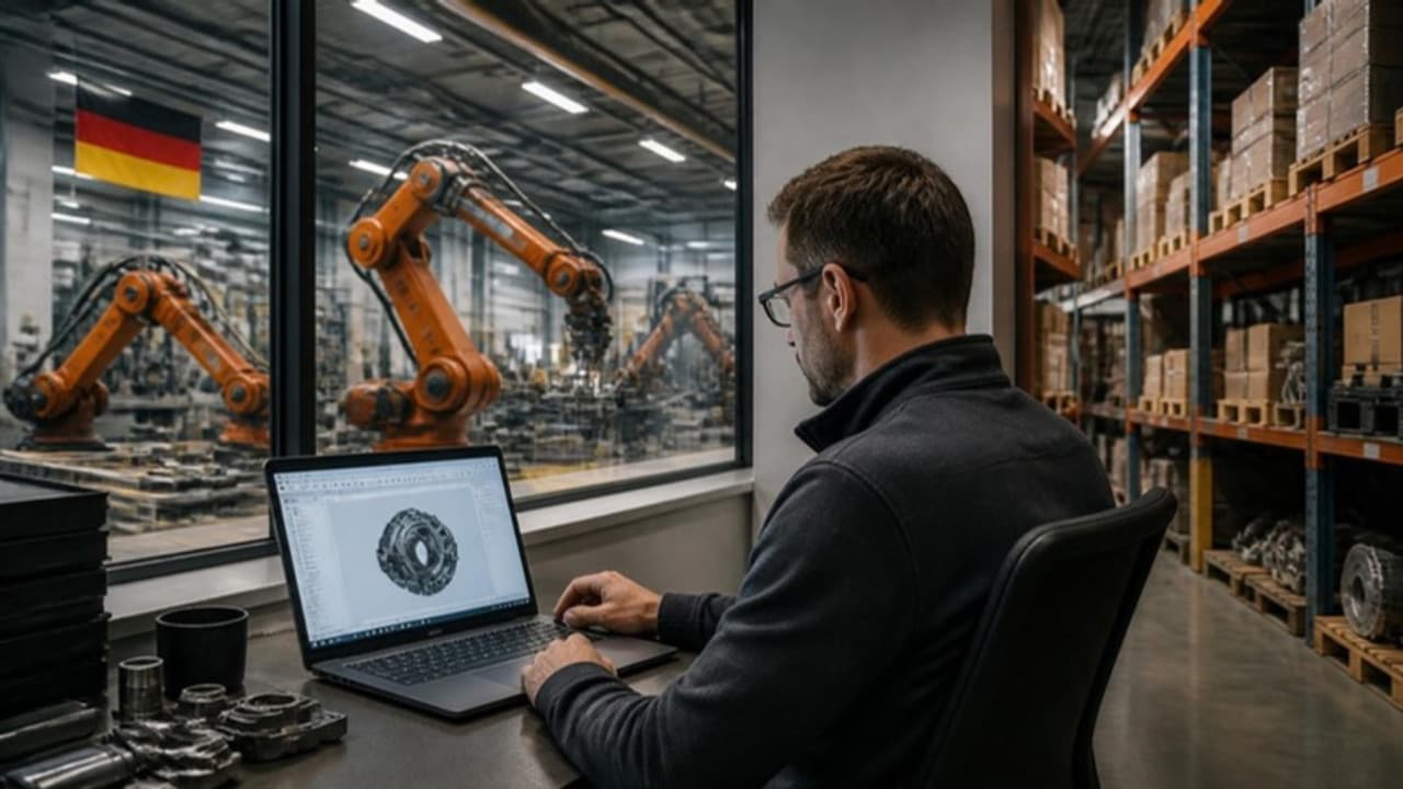 Automotive parts manufacturing facility with robotic assembly and an engineer reviewing a quote