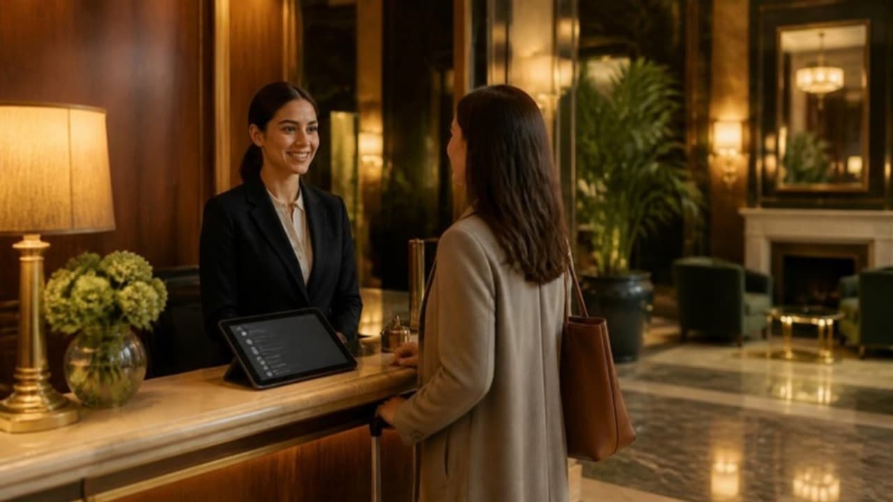 Boutique hotel reception with a receptionist welcoming a guest