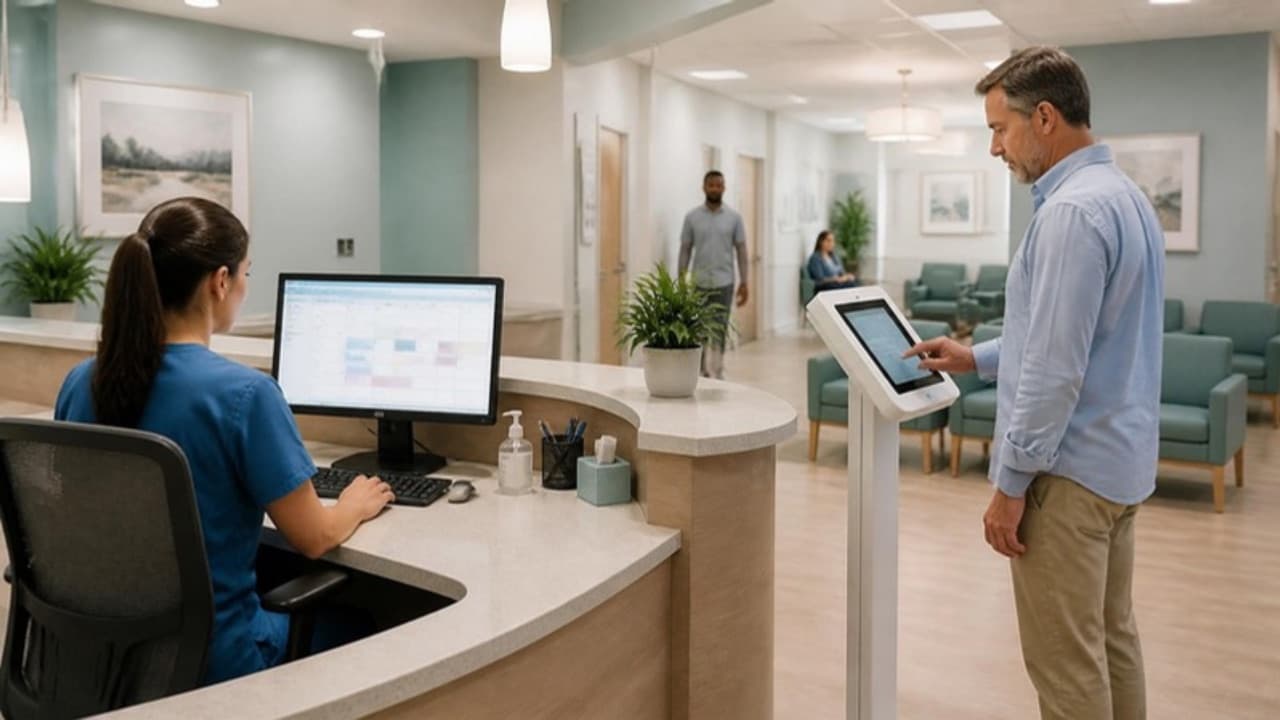 Clinic reception with a nurse at the desk and a patient checking in on a tablet