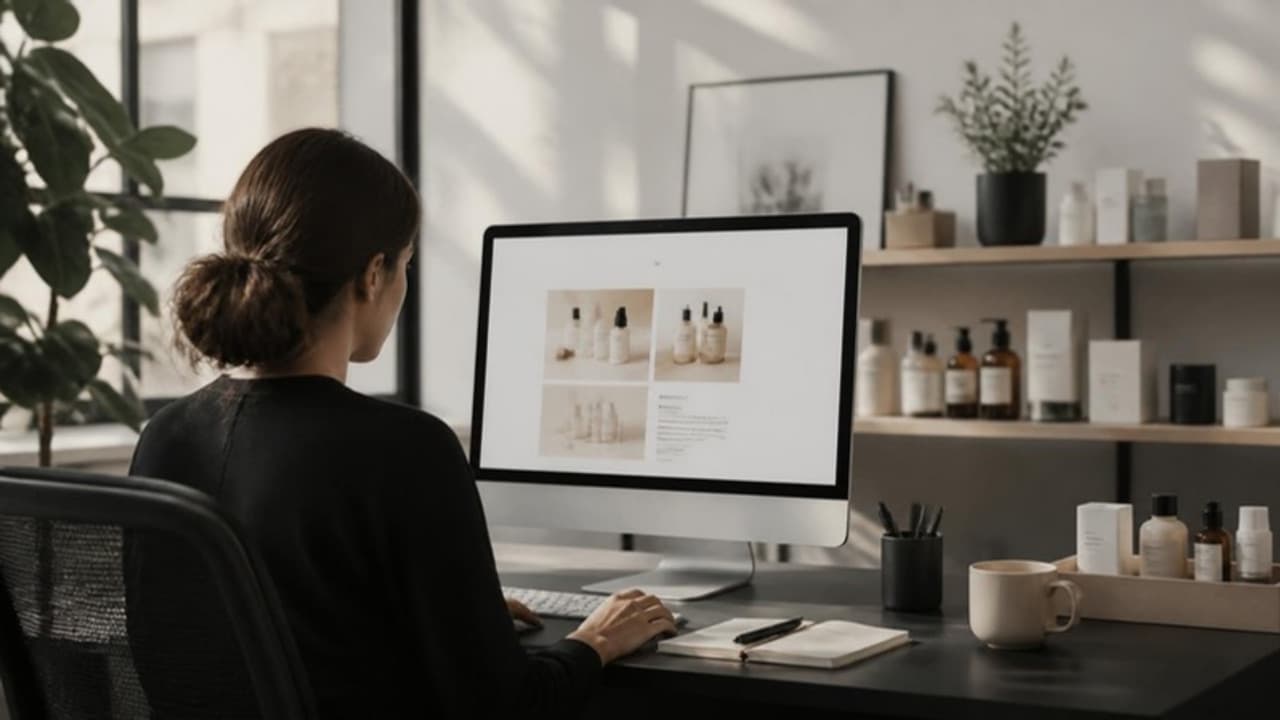 Marketer building an email campaign for a skincare brand in a minimalist studio