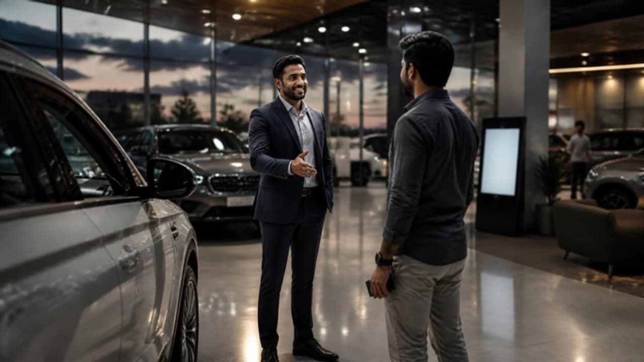 Modern car dealership showroom at dusk with a sales advisor greeting a customer