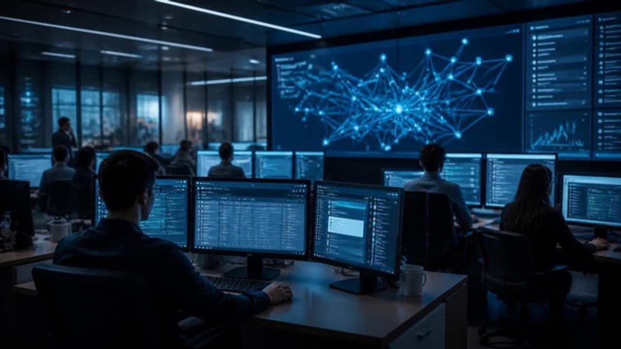 Support operations centre with ticket queues and an AI assistant interface