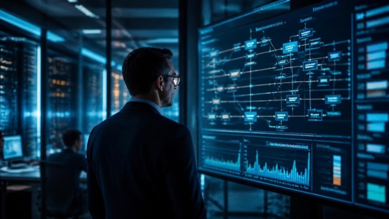 Healthcare technology executive reviewing network diagrams in a hospital IT operations room