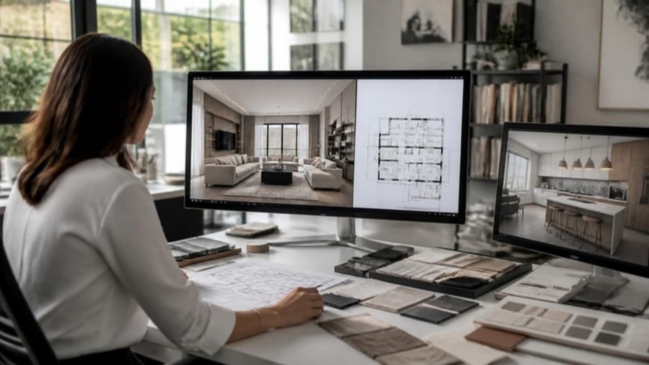 Interior designer at a monitor showing a 3D render beside a 2D floor plan