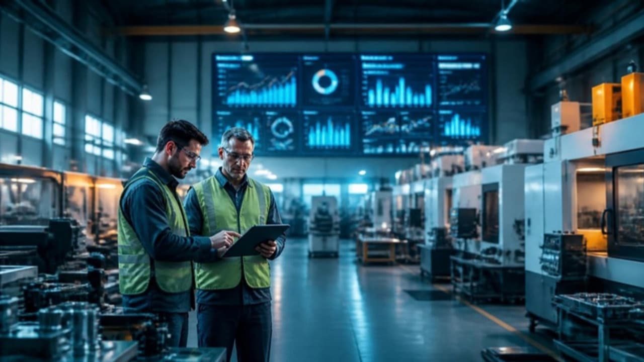 Engineers reviewing an AI operations dashboard on a precision manufacturing floor