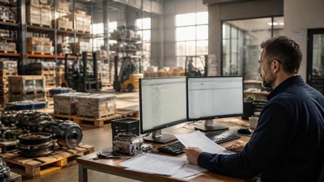Procurement manager reviewing supplier quotes in an industrial equipment warehouse