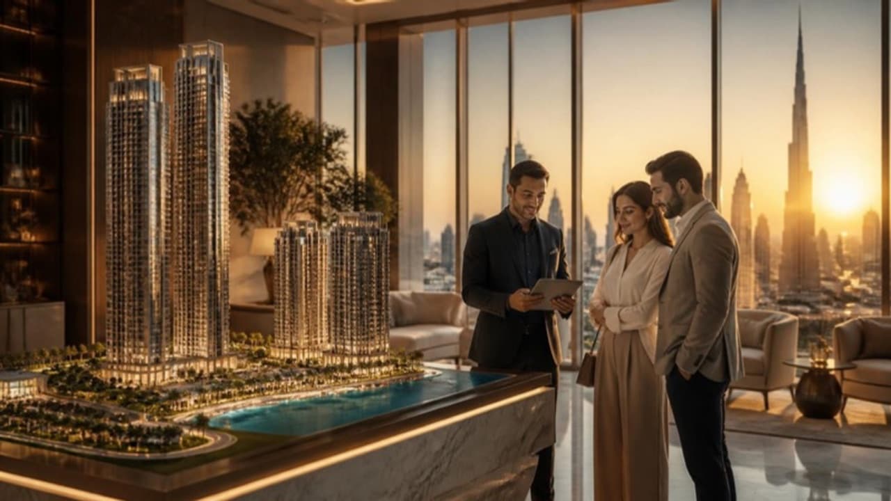 Real estate sales gallery with a scale model and consultants showing a tablet