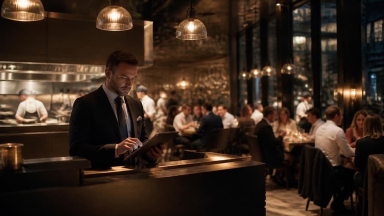 Restaurant manager at the host stand reviewing feedback on a tablet during dinner service