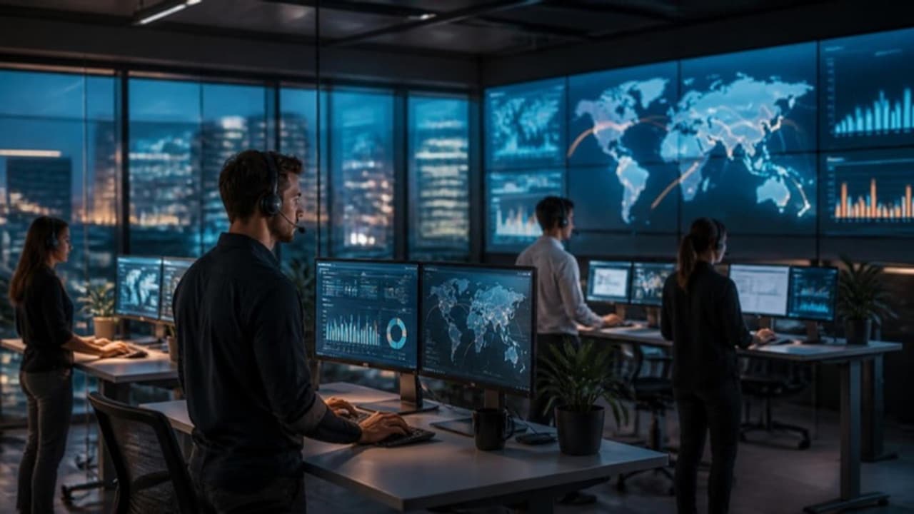 SaaS sales team on calls with pipeline dashboards and a world map of prospects