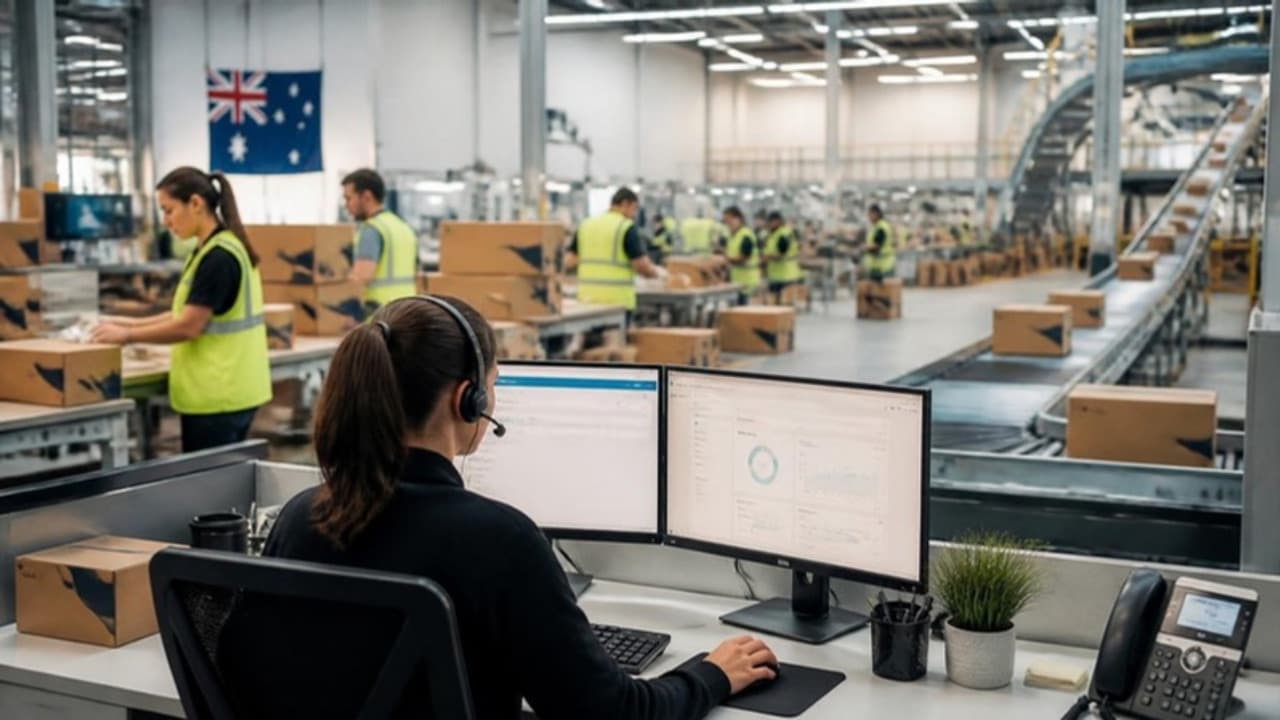 E-commerce fulfilment centre with packing stations and a support agent at a dashboard