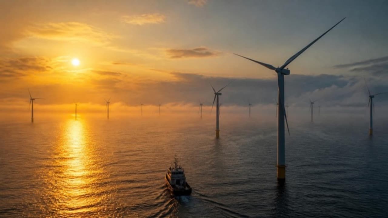 Offshore wind farm at sunrise with a service vessel approaching the turbines
