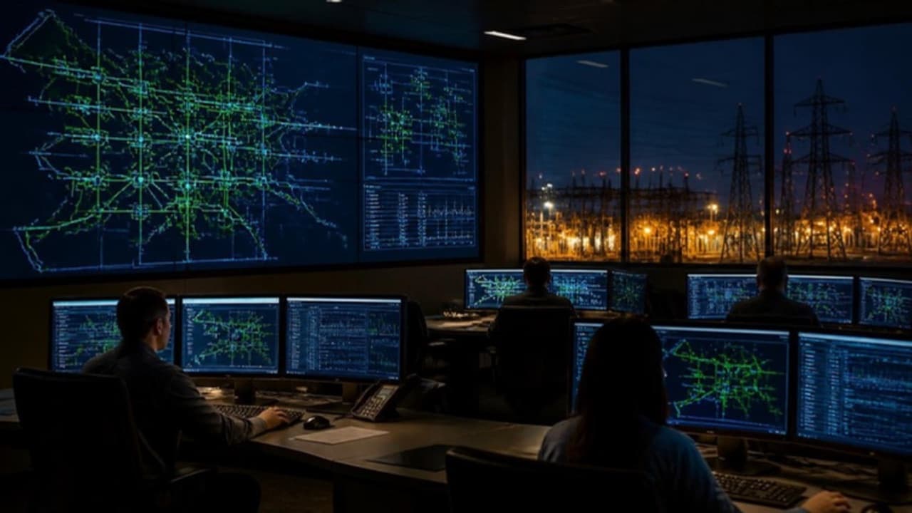 Power utility control centre at night with a wall of grid monitoring screens